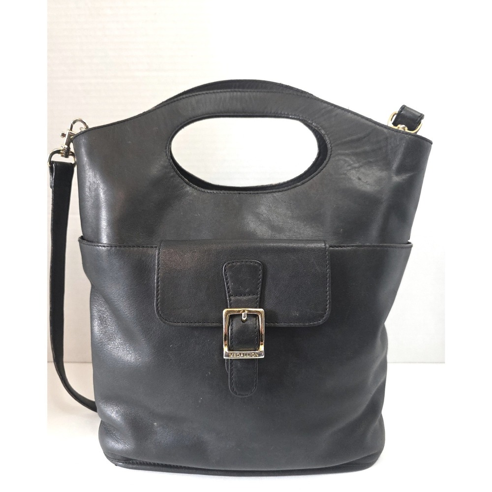 Medallion Black Leather Handbag Cutout Top Handle Gold Buckle Bag Crossbody